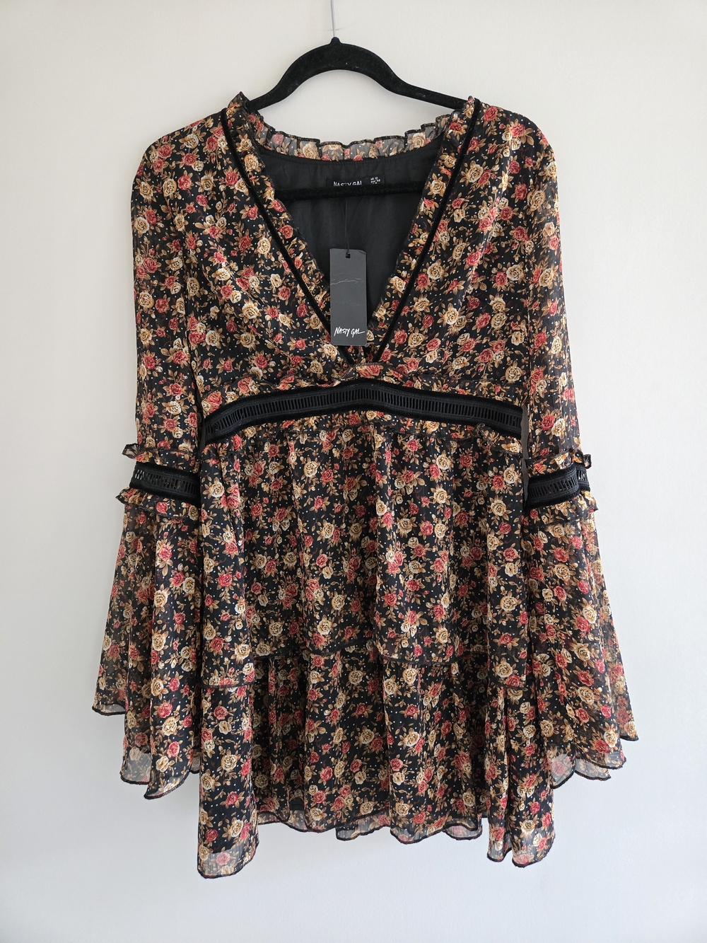 Nasty Gal I'll Be Bouquet Black Floral Mini Dress With Bell Sleeves - NWT